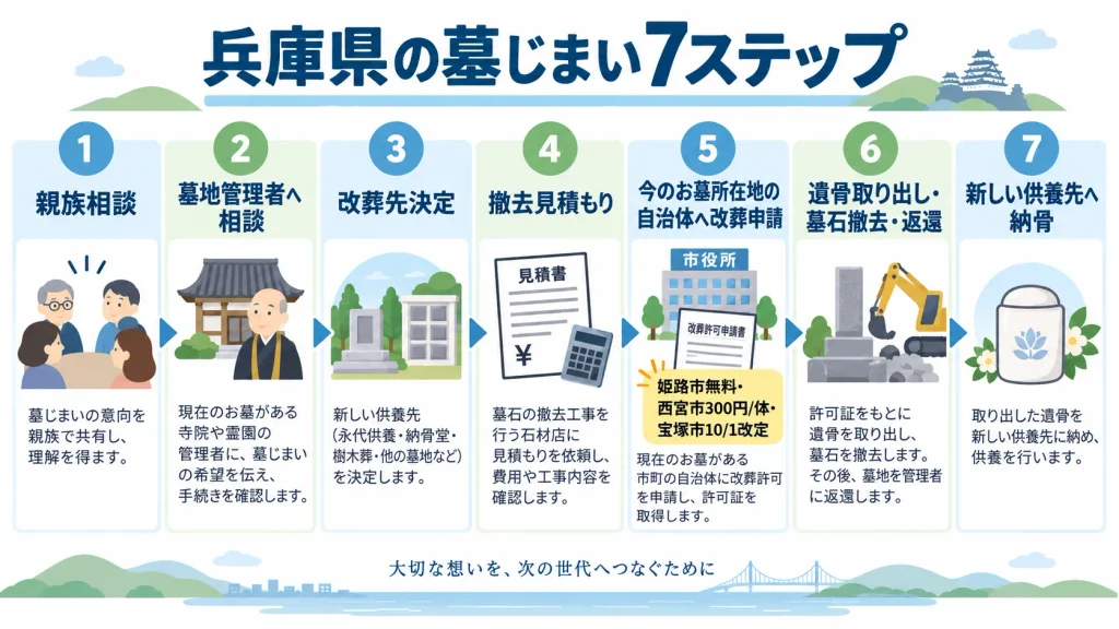 兵庫県で墓じまいを親族相談から改葬・墓地返還まで進める7ステップ