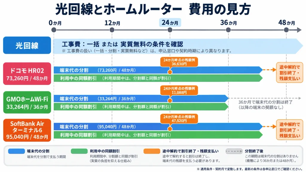 ホームルーター本体の分割払いと割引、24か月で解約した場合の残額を示す図