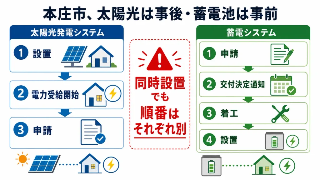 本庄市の太陽光発電システムと蓄電システムで申請タイミングが逆であることを示す図