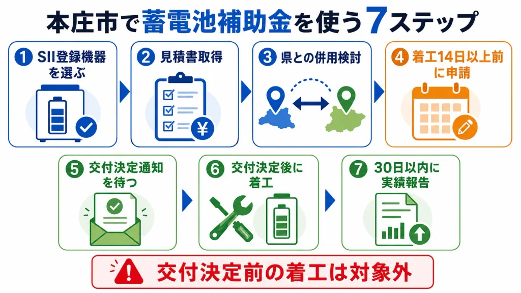 本庄市で事前申請から交付決定、着工、実績報告まで進める蓄電池補助金の7ステップ