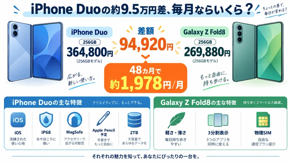 iPhone DuoとGalaxy Z Fold8 256GBの価格差94,920円を48カ月で比較