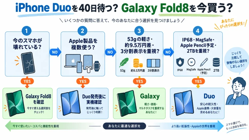 iPhone Duoの発売を待つかGalaxy Z Fold8を今買うか判断するフロー