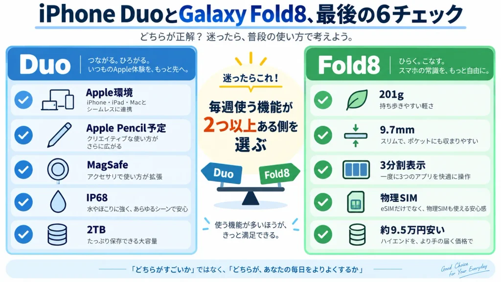 iPhone DuoとGalaxy Z Fold8をApple環境、軽さ、マルチタスク、ペン、SIM、価格で選ぶチェックリスト