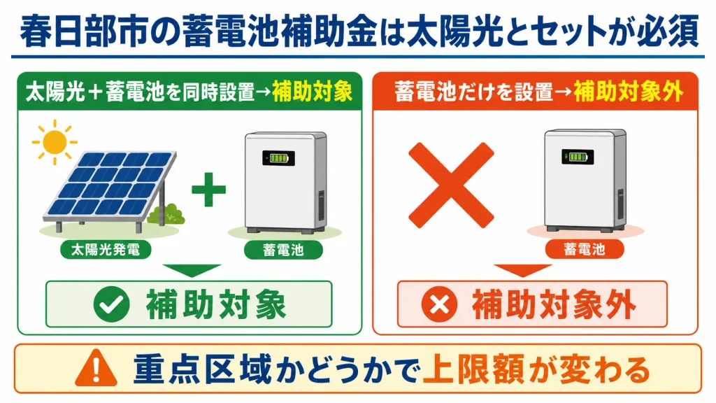 春日部市の蓄電池補助金が太陽光との同時設置を条件とし単独申請ができないことを示す図