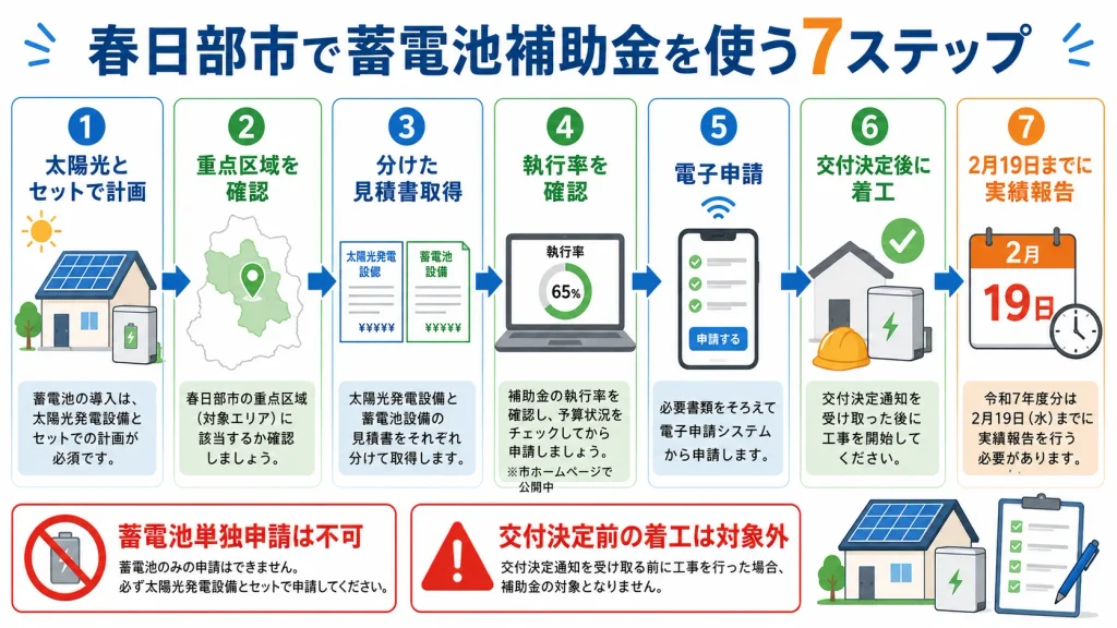 春日部市で太陽光とセットの計画から電子申請、実績報告まで進める蓄電池補助金の7ステップ