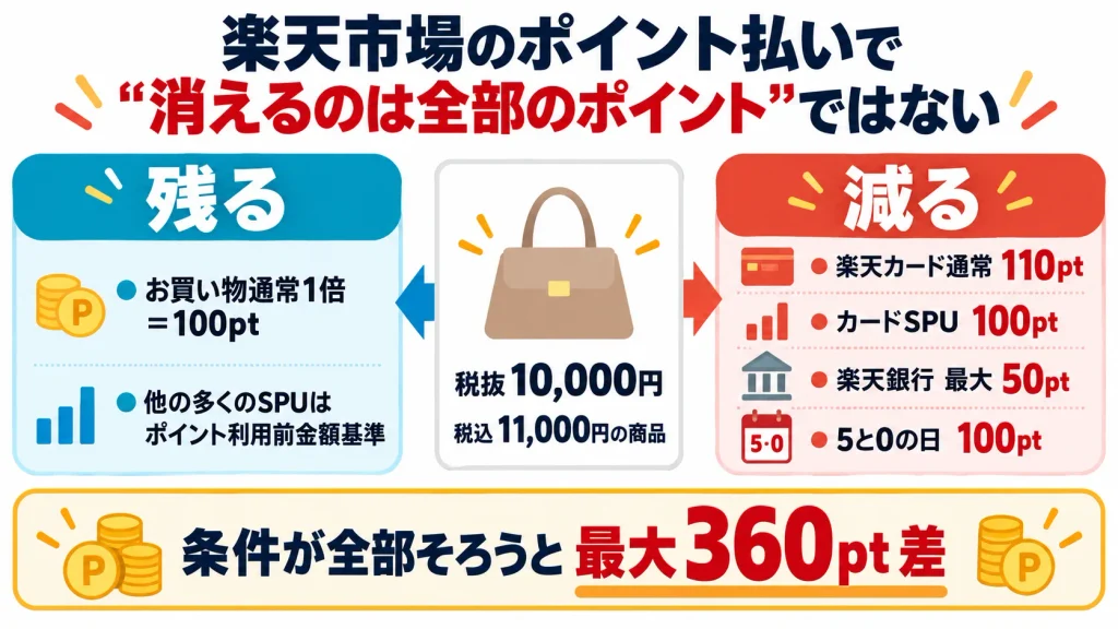 楽天市場でポイント払いをしたときに残るポイントと減るカード関連還元の比較