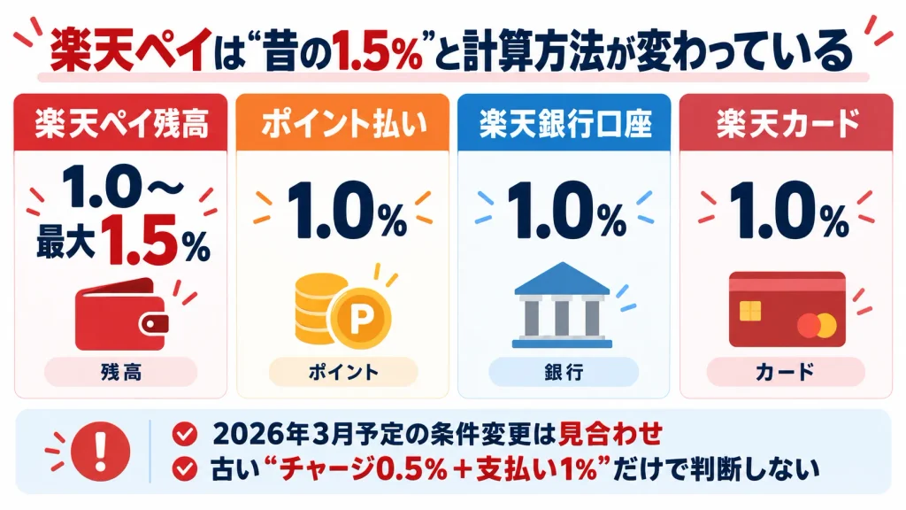 2026年の楽天ペイ残高払い、ポイント払い、楽天銀行、楽天カードの還元率比較