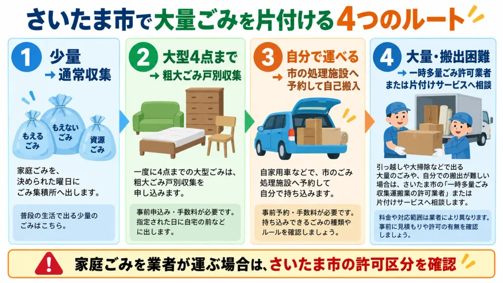 さいたま市でゴミ屋敷や大量ごみを処分する方法を量と搬出できるかどうかで分ける図