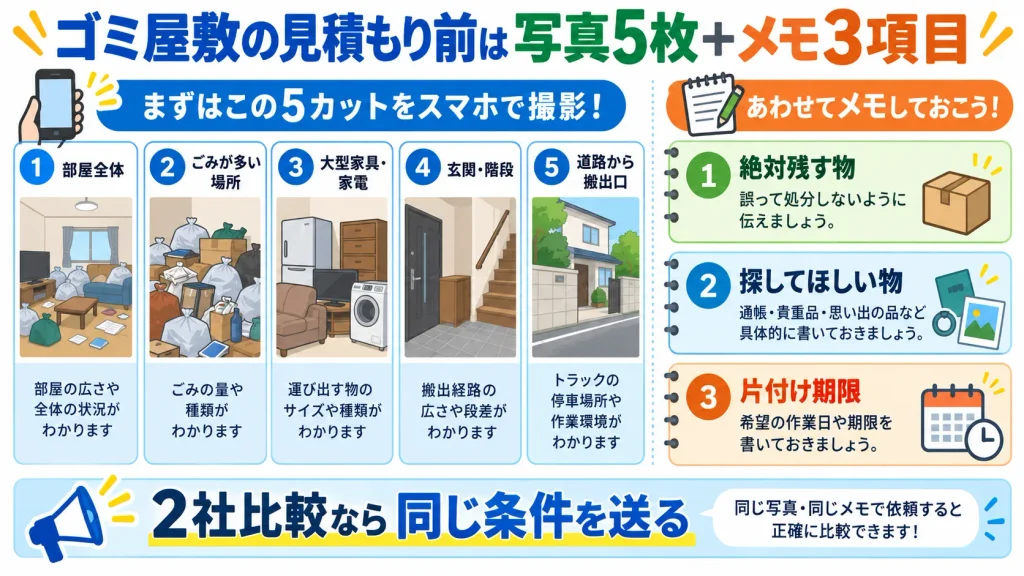 さいたま市でゴミ屋敷片付けの見積もりを取る前に準備する写真とメモ