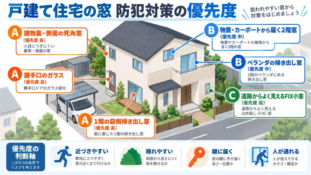 戸建てで防犯フィルムを優先して貼る窓を侵入リスク別に示した図