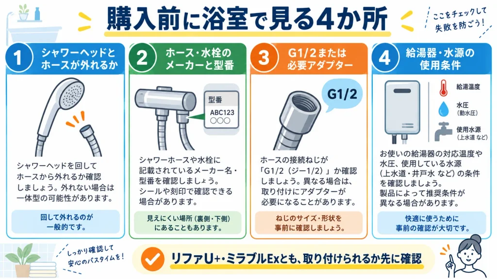 リファやミラブルのシャワーヘッド購入前に確認する接続規格・アダプター・給湯器のチェック項目