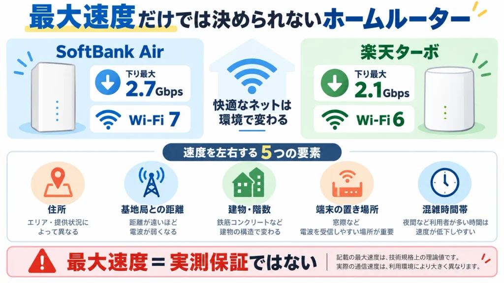 SoftBank Airと楽天ターボの最大速度と実際の速度を左右する条件