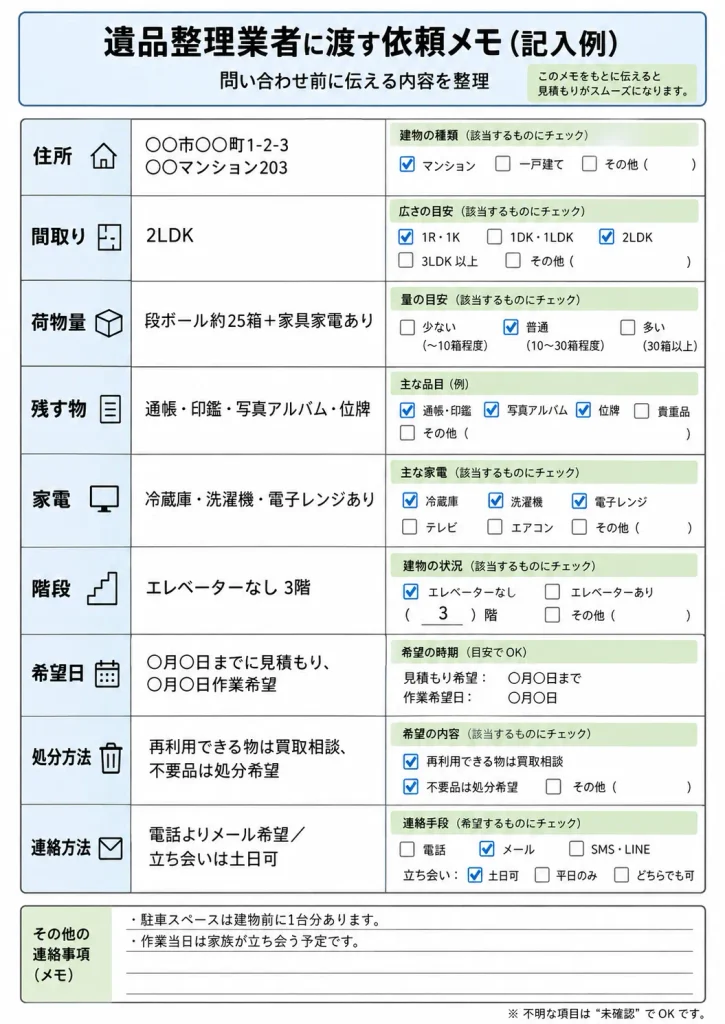 遺品整理の見積もり依頼で伝える項目のチェックシート