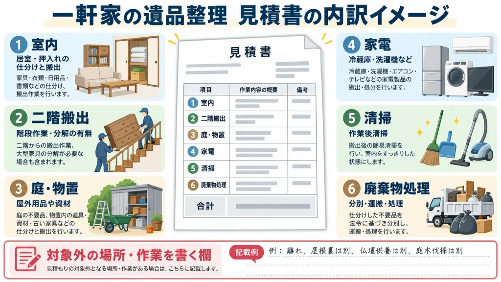 一軒家の遺品整理見積書で室内と屋外を分ける方法