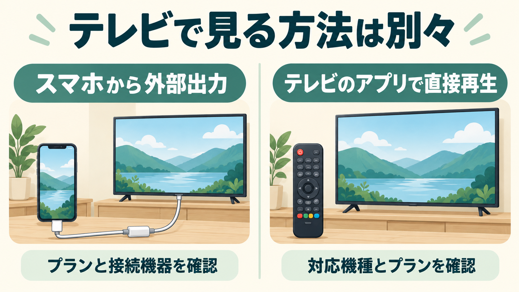 スマホからテレビへ外部出力する方法と、テレビのNetflixアプリで直接再生する方法を分けた図